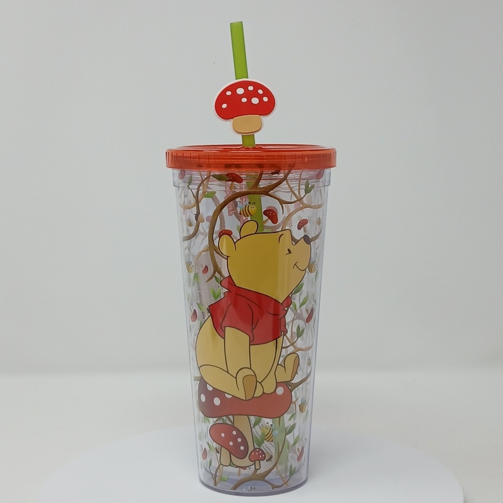 Disney Winnie the Pooh & Bees 24oz Tumbler Red Mushroom Topper Lid Green Straw